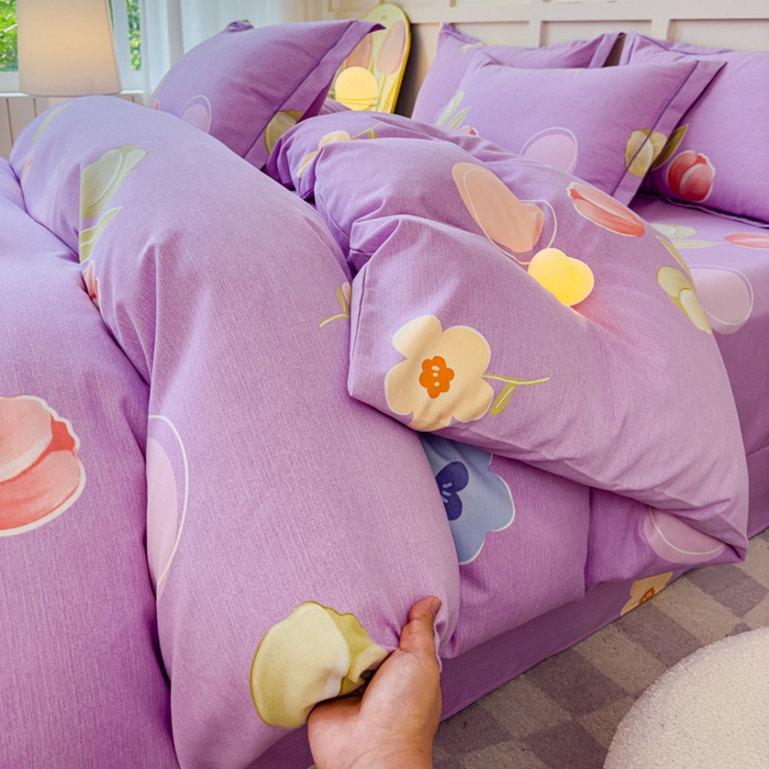 91家纺网 家纺一手货源 找家纺 U品汇 2024新品喷气生态加厚长绒棉纯棉全棉磨毛印花四件套小清新床单床笠直播 花妍然-紫
