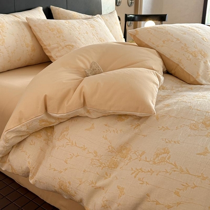 91家纺网 家纺一手货源 找家纺 2024新款A类全棉三层纱提花四件套--茵荔 茵荔-浅黄