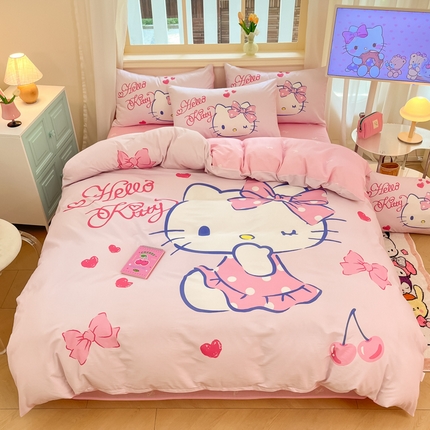 91家纺网 家纺一手货源 找家纺 桃子家居 2024纯棉大版三丽鸥卡通平网印花系列四件套 棉大版-D俏皮kt