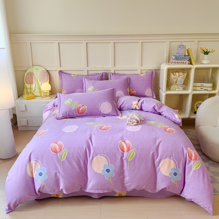 91家纺网 家纺一手货源 找家纺 U品汇 2024新品喷气生态加厚长绒棉纯棉全棉磨毛印花四件套小清新床单床笠直播 花妍然-紫