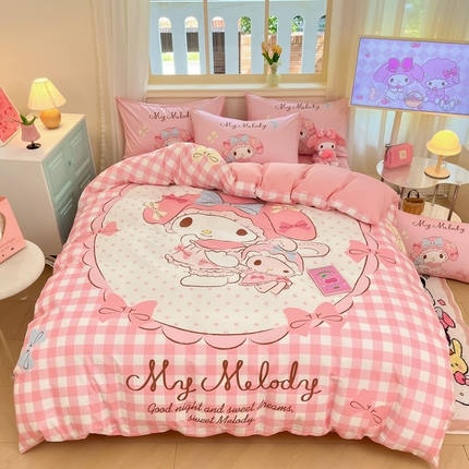 桃子家居 2024纯棉大版三丽鸥卡通平网印花系列四件套 棉大版-D相框美乐蒂