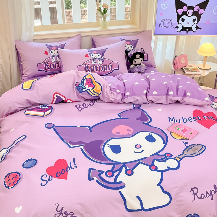 91家纺网 家纺一手货源 找家纺 桃子家居 2024纯棉大版三丽鸥卡通平网印花系列四件套 棉大版-D蓝莓库洛米