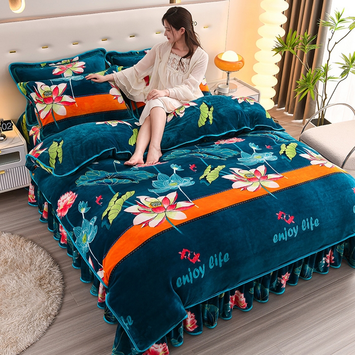 91家纺网 家纺一手货源 找家纺 绒品壹家家纺 2024新款5斤加厚金貂绒四件套 莲鲤嬉戏