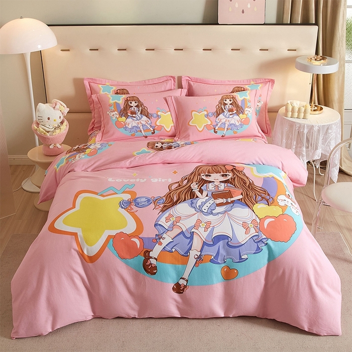 91家纺网 家纺一手货源 找家纺 格里芬家纺 2025新款全棉加厚大版磨毛纯棉磨毛四件套 黛西公主-粉