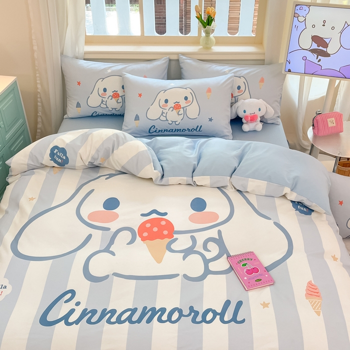 91家纺网 家纺一手货源 找家纺 桃子家居 2024纯棉大版三丽鸥卡通平网印花系列四件套 棉大版-D冰淇淋玉桂狗