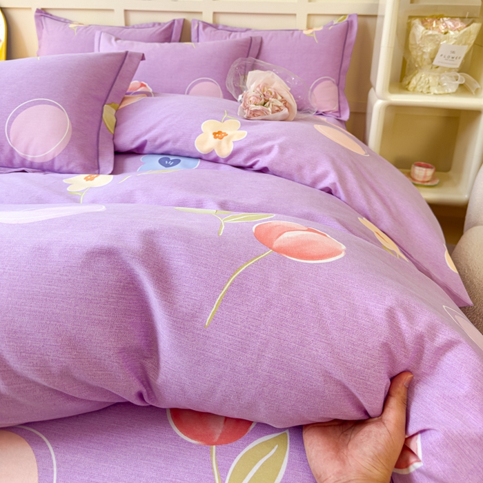 91家纺网 家纺一手货源 找家纺 U品汇 2024新品喷气生态加厚长绒棉纯棉全棉磨毛印花四件套小清新床单床笠直播 花妍然-紫