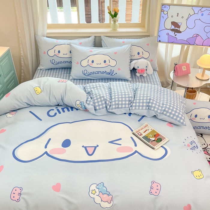 91家纺网 家纺一手货源 找家纺 桃子家居 2024纯棉大版三丽鸥卡通平网印花系列四件套 棉大版-D开心玉桂狗