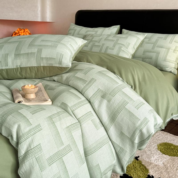 91家纺网 家纺一手货源 找家纺 ab家纺 2024新款A类全棉三层纱提花四件套--奥德赛 奥德赛-绿色