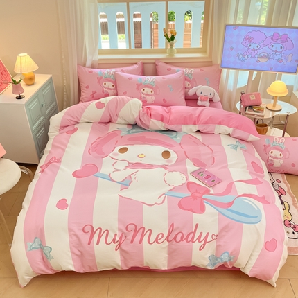 91家纺网 家纺一手货源 找家纺 桃子家居 2024纯棉大版三丽鸥卡通平网印花系列四件套 棉大版-D仙仙美乐蒂