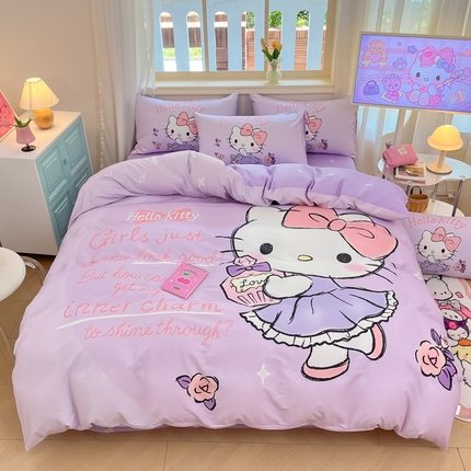 91家纺网 家纺一手货源 找家纺 桃子家居 2024纯棉大版三丽鸥卡通平网印花系列四件套 棉大版-D玫瑰kt