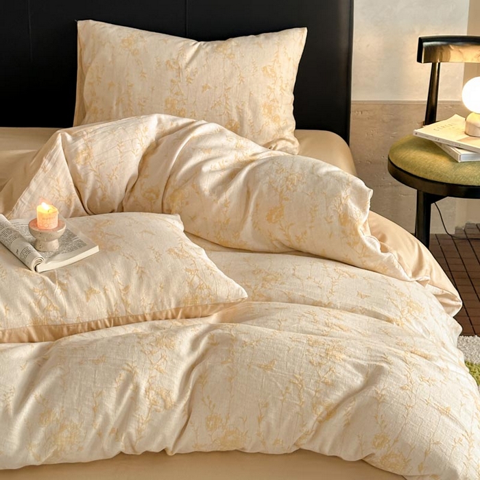 91家纺网 家纺一手货源 找家纺 2024新款A类全棉三层纱提花四件套--茵荔 茵荔-浅黄