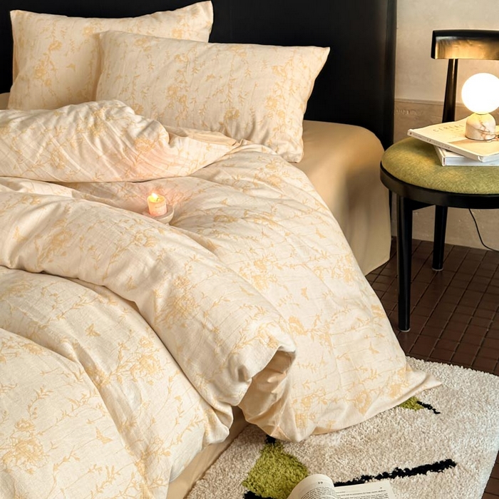 91家纺网 家纺一手货源 找家纺 2024新款A类全棉三层纱提花四件套--茵荔 茵荔-浅黄