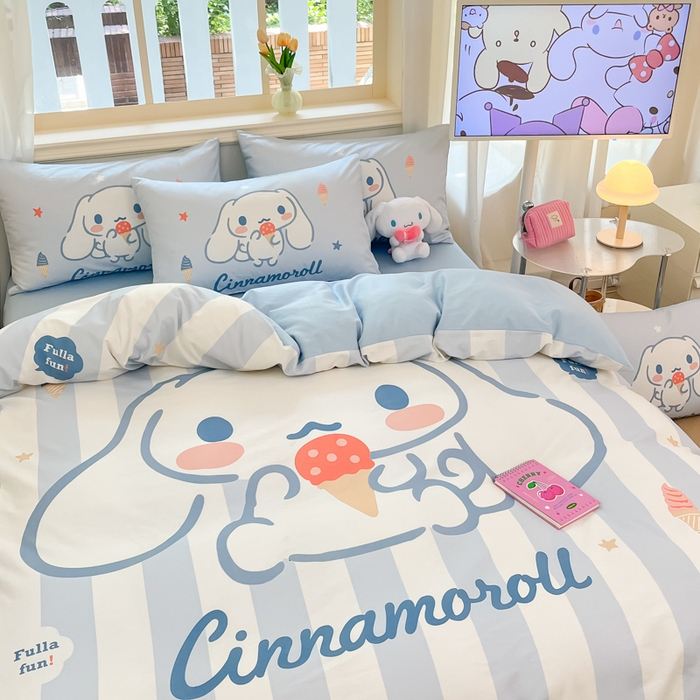 91家纺网 家纺一手货源 找家纺 桃子家居 2024纯棉大版三丽鸥卡通平网印花系列四件套 棉大版-D冰淇淋玉桂狗