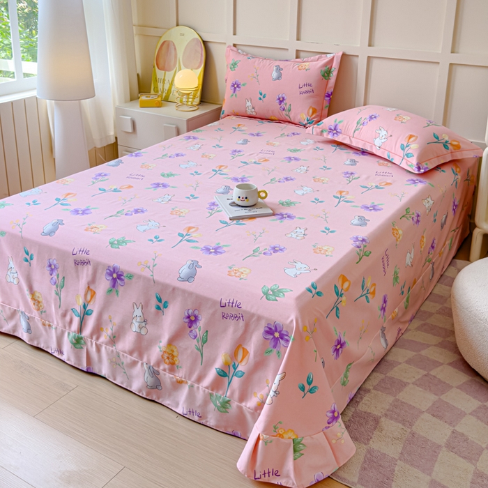 91家纺网 家纺一手货源 找家纺 U品汇 2024新品喷气生态加厚长绒棉纯棉全棉磨毛印花四件套小清新床单床笠直播 罗兰兔粉