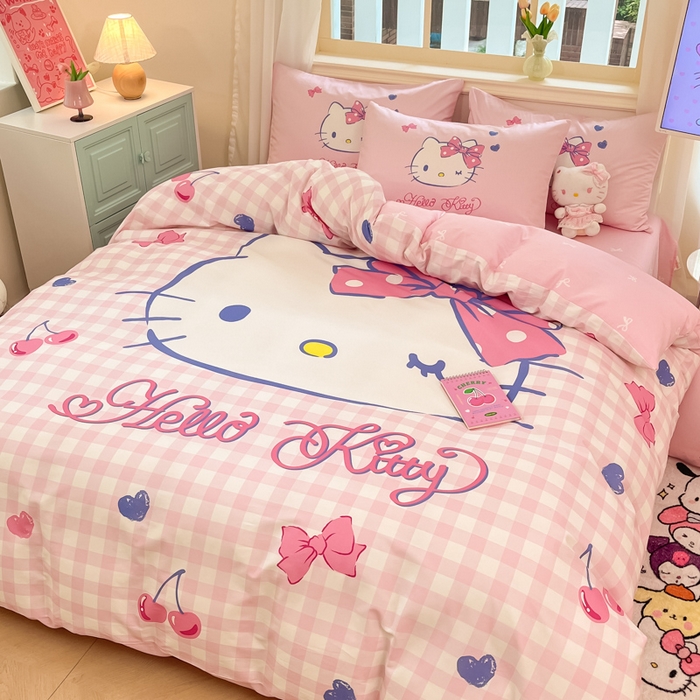 91家纺网 家纺一手货源 找家纺 桃子家居 2024纯棉大版三丽鸥卡通平网印花系列四件套 棉大版-D爱心樱桃kt