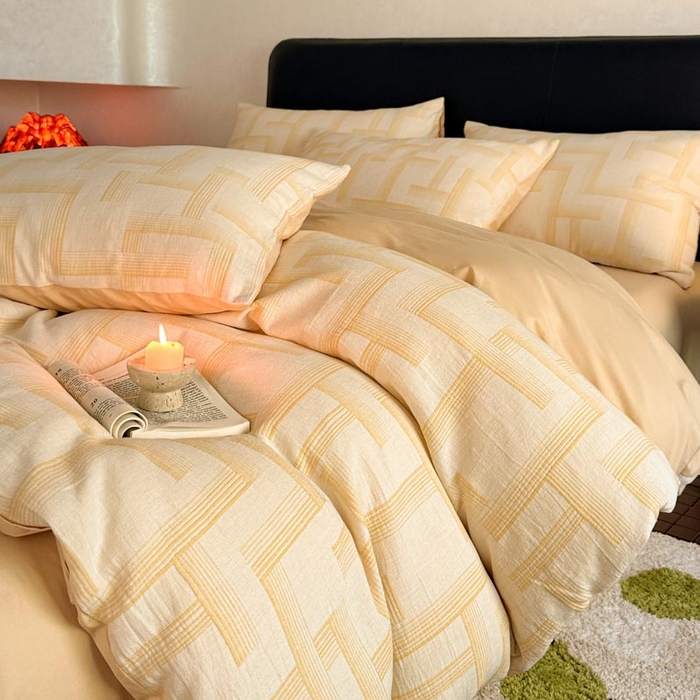 91家纺网 家纺一手货源 找家纺 ab家纺 2024新款A类全棉三层纱提花四件套--奥德赛 奥德赛 -浅黄