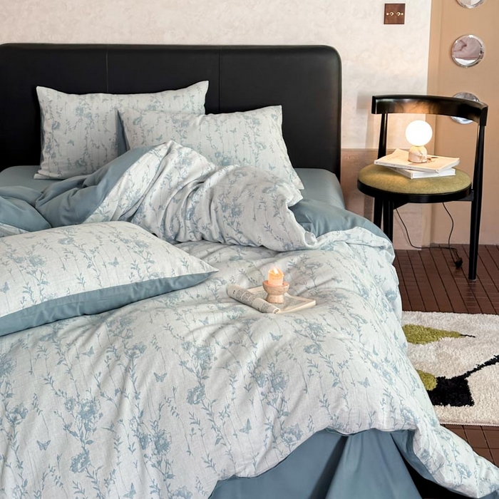 91家纺网 家纺一手货源 找家纺 2024新款A类全棉三层纱提花四件套--茵荔 茵荔-浅蓝