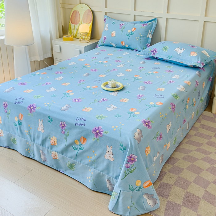 91家纺网 家纺一手货源 找家纺 U品汇 2024新品喷气生态加厚长绒棉纯棉全棉磨毛印花四件套小清新床单床笠直播 罗兰兔蓝