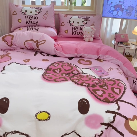 91家纺网 家纺一手货源 找家纺 桃子家居 2024纯棉大版三丽鸥卡通平网印花系列四件套 棉大版-D豹纹kt