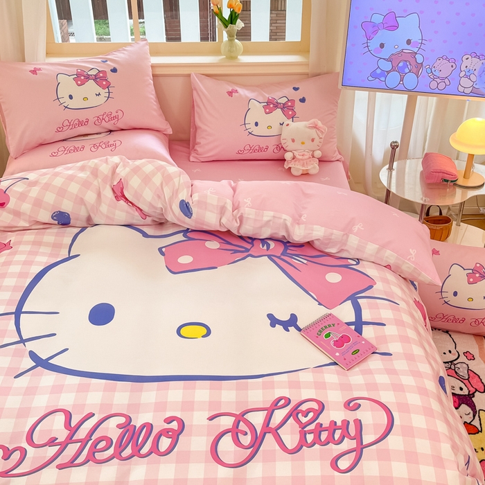 91家纺网 家纺一手货源 找家纺 桃子家居 2024纯棉大版三丽鸥卡通平网印花系列四件套 棉大版-D爱心樱桃kt