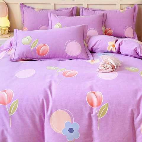 91家纺网 家纺一手货源 找家纺 U品汇 2024新品喷气生态加厚长绒棉纯棉全棉磨毛印花四件套小清新床单床笠直播 花妍然-紫