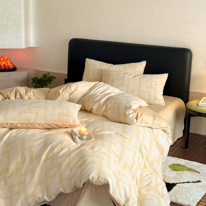 91家纺网 家纺一手货源 找家纺 ab家纺 2024新款A类全棉三层纱提花四件套--奥德赛 奥德赛 -浅黄