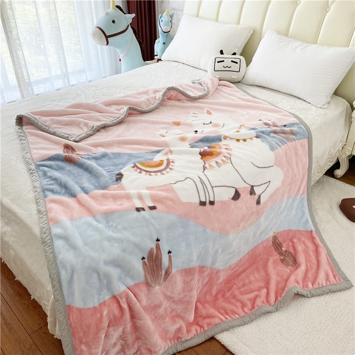 91家纺网 家纺一手货源 找家纺 卡奥家纺 2024新款大版双层卡通云貂绒毛毯学生毯 爱羊羊