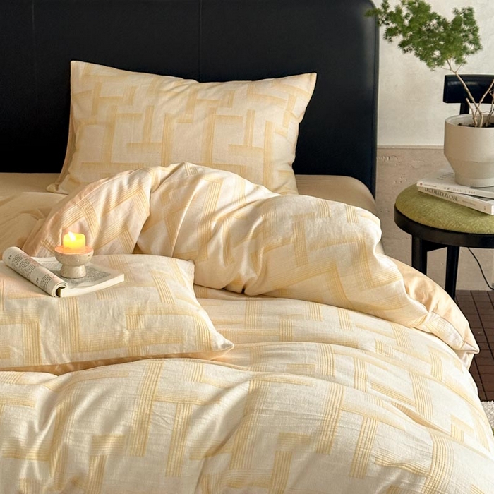 91家纺网 家纺一手货源 找家纺 ab家纺 2024新款A类全棉三层纱提花四件套--奥德赛 奥德赛 -浅黄