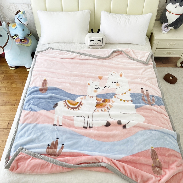 91家纺网 家纺一手货源 找家纺 卡奥家纺 2024新款大版双层卡通云貂绒毛毯学生毯 爱羊羊