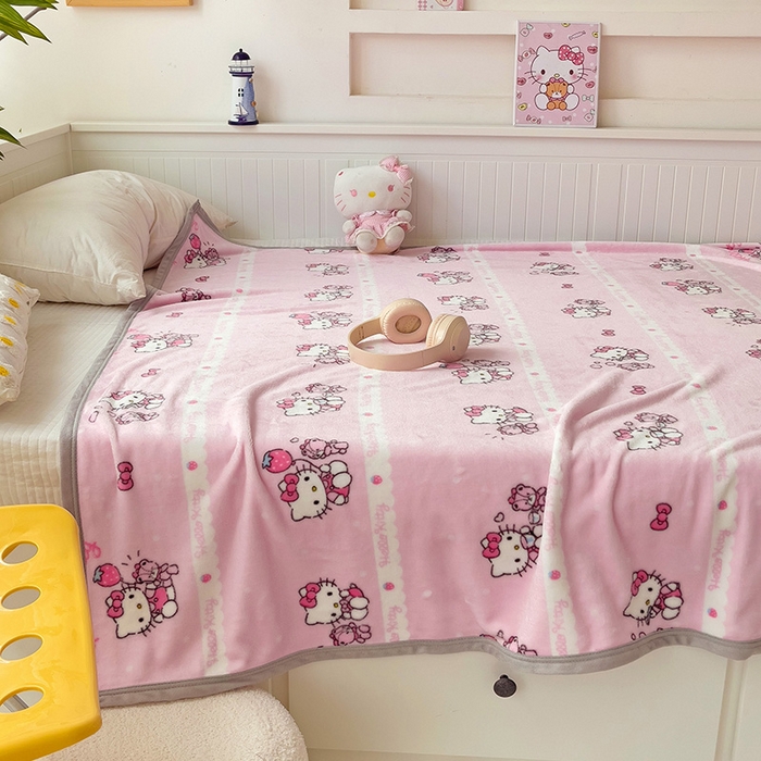 91家纺网 家纺一手货源 找家纺 海岛哥哥 2024新款双面牛奶绒盖毯正版三丽鸥授权系列毛毯 草莓甜心kt猫