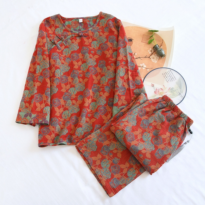 91家纺网 家纺一手货源 找家纺 洛兰沙家居馆【只代发】【只代发】 2024新款全棉色织提花国风长袖长裤睡衣女四季薄款圆领套头家居服套装可外穿 长款橙色