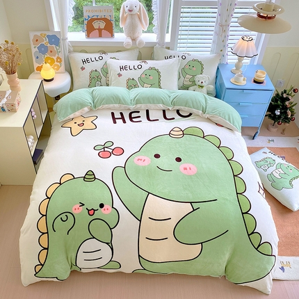 91家纺网 家纺一手货源 找家纺 莱米家纺 2024新款大版牛奶绒卡通四件套 萌趣恐龙