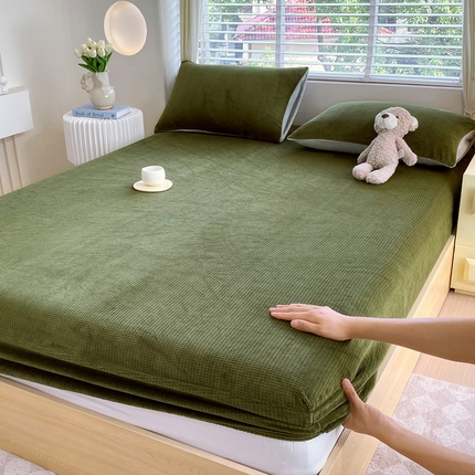 91家纺网 家纺一手货源 找家纺 莱米家纺 2024新款秋冬华夫格加密千鸟格牛奶绒床笠 华夫格-松石绿