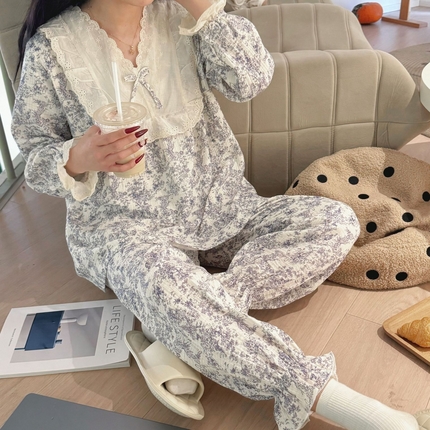 洛兰沙家居馆【只代发】【只代发】 2024新款棉纱绉布睡衣女春夏季甜美蕾丝印花韩版花边长袖套头家居服四季款 浅灰