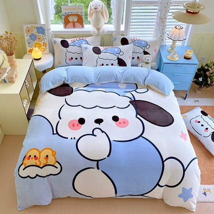 91家纺网 家纺一手货源 找家纺 莱米家纺 2024新款大版牛奶绒卡通四件套 宝贝狗