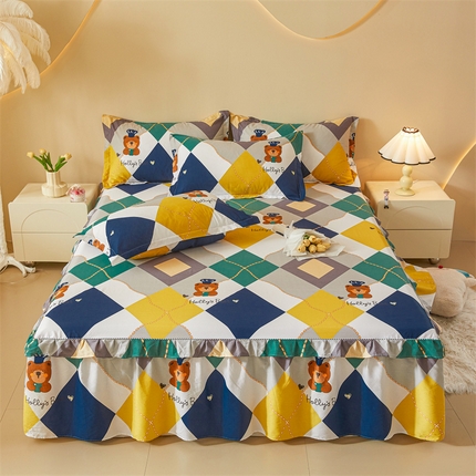 91家纺网 家纺一手货源 找家纺 名优家纺 2024新款A类全棉印花床裙 爱尔威-蓝色