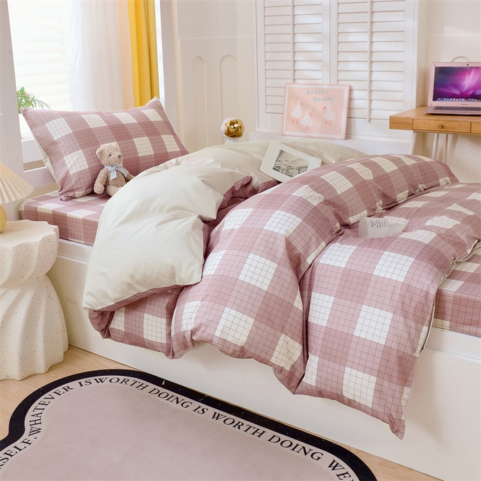 91家纺网 家纺一手货源 找家纺 2024新款学生宿舍.13372印花三件套 粉格子