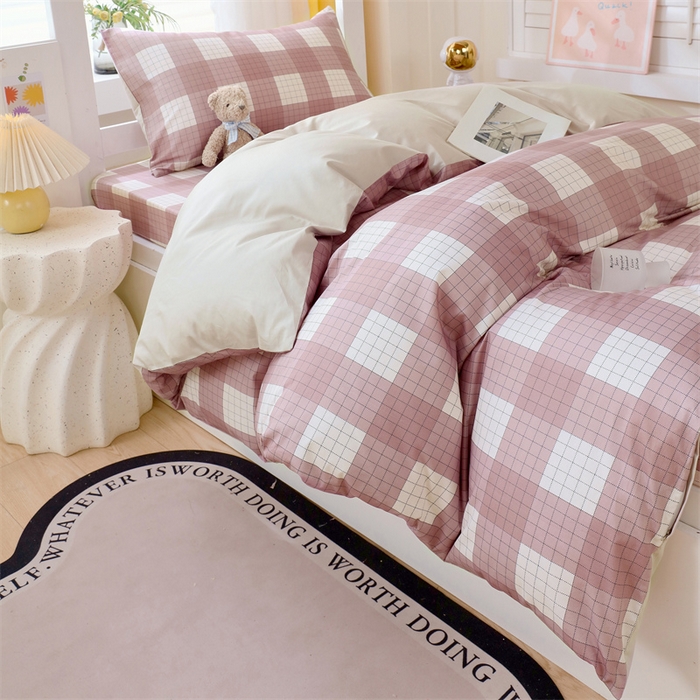 91家纺网 家纺一手货源 找家纺 2024新款学生宿舍.13372印花三件套 粉格子