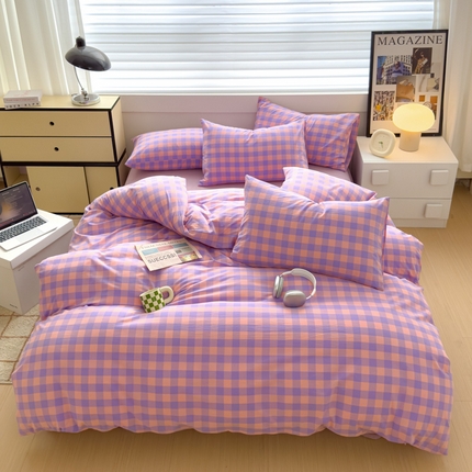 91家纺网 家纺一手货源 找家纺 星尚家纺 2024新款全棉色织水洗棉学生三件套 粉紫格