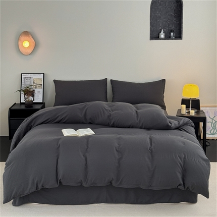 91家纺网 家纺一手货源 找家纺 沃朴家居 2024新款纯色水洗棉四件套学生三件套云雾深灰