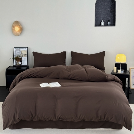 91家纺网 家纺一手货源 找家纺 沃朴家居 2024新款纯色水洗棉四件套学生三件套和风咖