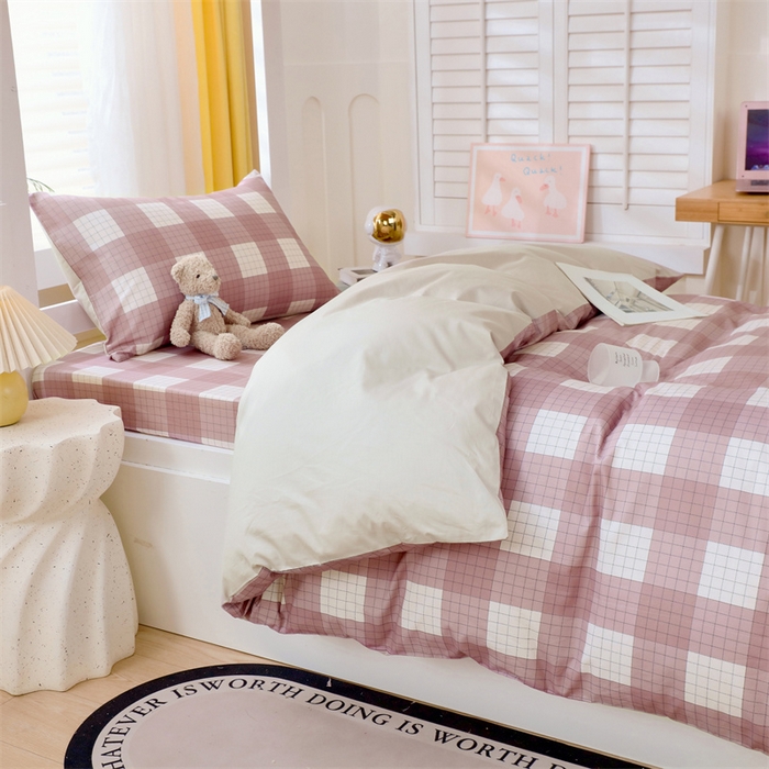 91家纺网 家纺一手货源 找家纺 2024新款学生宿舍.13372印花三件套 粉格子