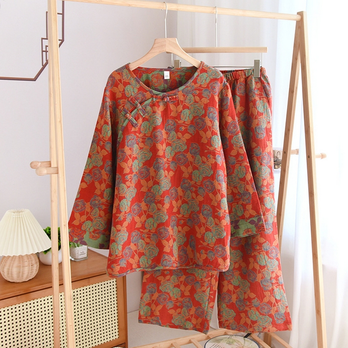91家纺网 家纺一手货源 找家纺 洛兰沙家居馆【只代发】【只代发】 2024新款全棉色织提花国风长袖长裤睡衣女四季薄款圆领套头家居服套装可外穿 长款橙色