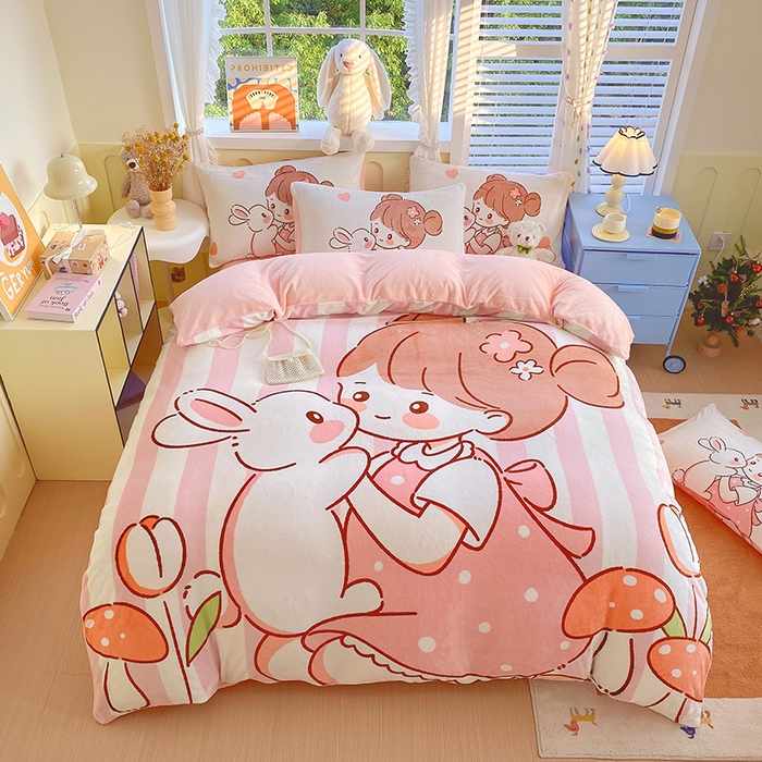 91家纺网 家纺一手货源 找家纺 莱米家纺 2024新款大版牛奶绒卡通四件套 花花少女