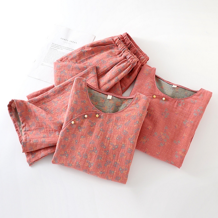 91家纺网 家纺一手货源 找家纺 洛兰沙家居馆【只代发】【只代发】 2024新款全棉色织提花国风长袖长裤睡衣女四季薄款圆领套头家居服套装可外穿 中式-粉色