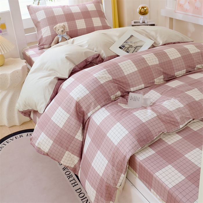 91家纺网 家纺一手货源 找家纺 2024新款学生宿舍.13372印花三件套 粉格子