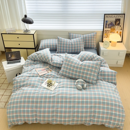 星尚家纺 2024新款A类全棉色织水洗棉三四件套系列-四件套 映像蓝