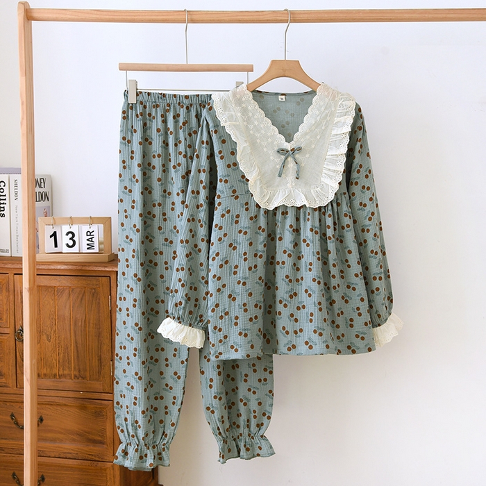 91家纺网 家纺一手货源 找家纺 洛兰沙家居馆【只代发】【只代发】 2024新款棉纱绉布睡衣女春夏季甜美蕾丝印花韩版花边长袖套头家居服四季款 绿色