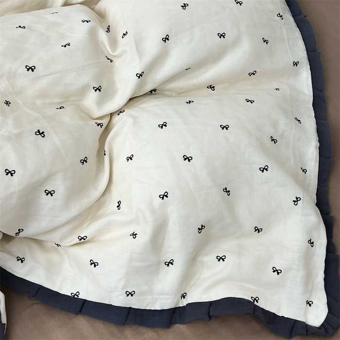 91家纺网 家纺一手货源 找家纺 荣轩 2024新款全棉印花双层纱四件套 皱皱纱花边款 花边 蝴蝶可颂