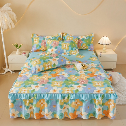 91家纺网 家纺一手货源 找家纺 名优家纺 2024新款A类全棉印花床裙 氧气格调-蓝色